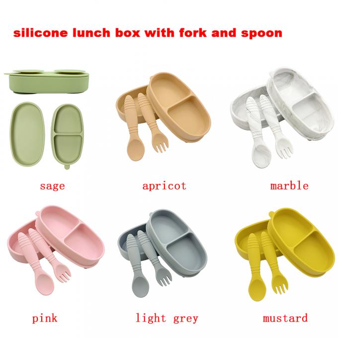 1人の赤ん坊の子供Bentoお弁当箱の新しい100%の食品等級のシリコーンの幼児の吸引の版は2スプーンおよびフォークとの