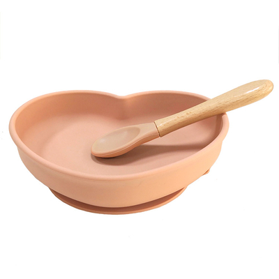 Customized Baby Silicone Products Dinner Plate Set Pink With Wooden Spoon